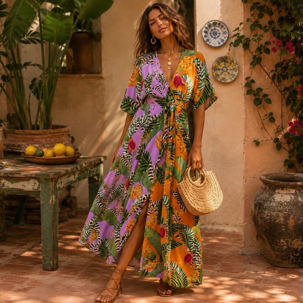 Anthropologie Farm Rio Mixed Striped Bananas Wrap Midi Dress Tropical Boho XS